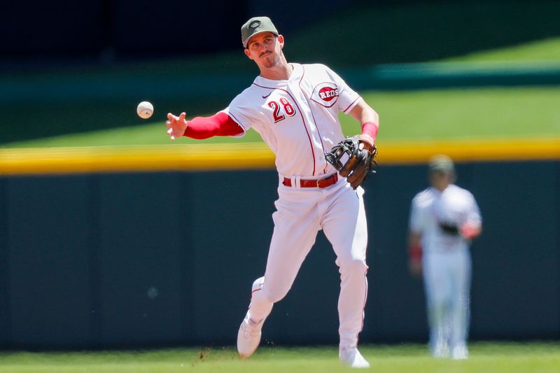 May 21, 2023; Cincinnati, Ohio, USA; Cincinnati Reds second baseman Kevin Newman (28) throws to first to get New York Yankees center fielder Harrison Bader (not pictured) out in the seventh inning at Great American Ball Park. Mandatory Credit: Katie Stratman-USA TODAY Sports