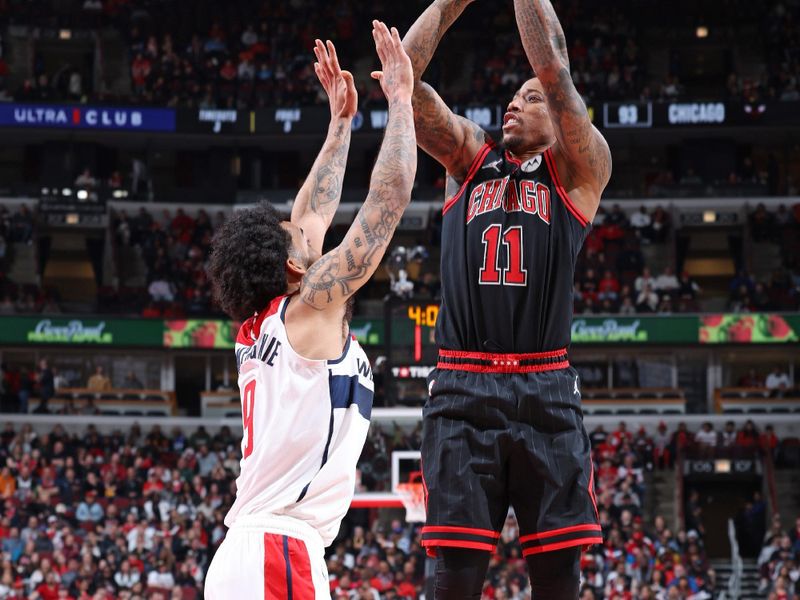 CHICAGO, IL - MARCH 25:  DeMar DeRozan #11 of the Chicago Bulls shoots the ball during the game against the Washington Wizards on March 25, 2024 at United Center in Chicago, Illinois. NOTE TO USER: User expressly acknowledges and agrees that, by downloading and or using this photograph, User is consenting to the terms and conditions of the Getty Images License Agreement. Mandatory Copyright Notice: Copyright 2024 NBAE (Photo by Jeff Haynes/NBAE via Getty Images)