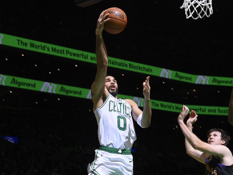 BOSTON, MA - FEBRUARY 1:  Jayson Tatum #0 of the Boston Celtics drives to the basket during the game  against the Los Angeles Lakers on February 1, 2024 at the TD Garden in Boston, Massachusetts. NOTE TO USER: User expressly acknowledges and agrees that, by downloading and or using this photograph, User is consenting to the terms and conditions of the Getty Images License Agreement. Mandatory Copyright Notice: Copyright 2024 NBAE  (Photo by Brian Babineau/NBAE via Getty Images)