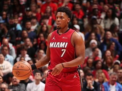 MIAMI, FL - DECEMBER 25:  Kyle Lowry #7 of the Miami Heat handles the ball during the game  on December 25, 2023 at Kaseya Center Arena in Miami, Florida. NOTE TO USER: User expressly acknowledges and agrees that, by downloading and or using this Photograph, user is consenting to the terms and conditions of the Getty Images License Agreement. Mandatory Copyright Notice: Copyright 2023 NBAE (Photo by Issac Baldizon/NBAE via Getty Images)