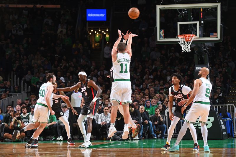 BOSTON, MA - MARCH 5: Payton Pritchard #11 of the Boston Celtics shoots a three point basket against the Portland Trail Blazers on March 5, 2025 at TD Garden in Boston, Massachusetts. NOTE TO USER: User expressly acknowledges and agrees that, by downloading and/or using this Photograph, user is consenting to the terms and conditions of the Getty Images License Agreement. Mandatory Copyright Notice: Copyright 2025 NBAE (Photo by Brian Babineau/NBAE via Getty Images)