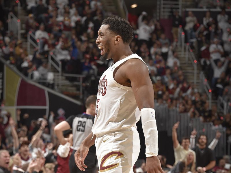 CLEVELAND, OH - APRIL 20: Donovan Mitchell #45 of the Cleveland Cavaliers celebrates during Round 1 Game 1 of the 2024 NBA Playoffs against the Orlando Magic on April 20, 2024 at Rocket Mortgage FieldHouse in Cleveland, Ohio. NOTE TO USER: User expressly acknowledges and agrees that, by downloading and/or using this Photograph, user is consenting to the terms and conditions of the Getty Images License Agreement. Mandatory Copyright Notice: Copyright 2024 NBAE (Photo by David Liam Kyle/NBAE via Getty Images)