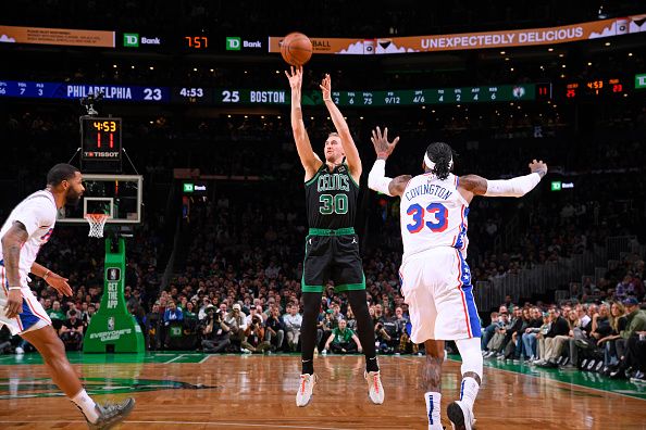 BOSTON, MA - DECEMBER 1: Sam Hauser #30 of the Boston Celtics shoots the ball during the game against the Philadelphia 76ers on December 1, 2023 at the TD Garden in Boston, Massachusetts. NOTE TO USER: User expressly acknowledges and agrees that, by downloading and or using this photograph, User is consenting to the terms and conditions of the Getty Images License Agreement. Mandatory Copyright Notice: Copyright 2023 NBAE  (Photo by Brian Babineau/NBAE via Getty Images)