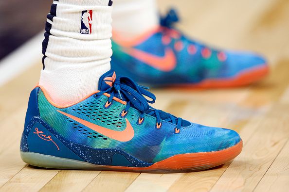 MINNEAPOLIS, MINNESOTA - NOVEMBER 01: A view of the Nike sneakers worn by Nickeil Alexander-Walker #9 of the Minnesota Timberwolves against the Denver Nuggets in the first quarter at Target Center on November 01, 2023 in Minneapolis, Minnesota. The Timberwolves defeated the Nuggets 110-89. NOTE TO USER: User expressly acknowledges and agrees that, by downloading and or using this photograph, User is consenting to the terms and conditions of the Getty Images License Agreement. (Photo by David Berding/Getty Images)