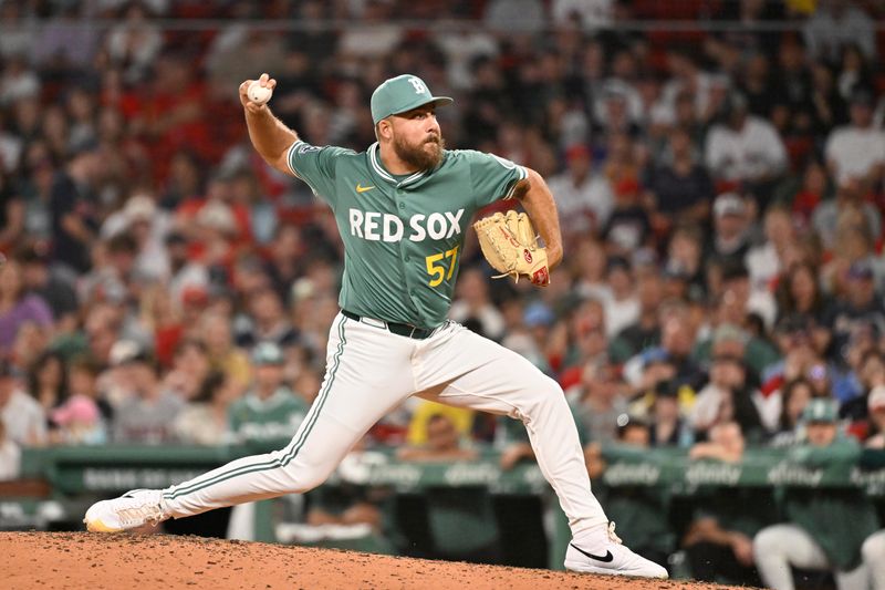 May 16, 2025; Boston, Massachusetts, USA; Boston Red Sox pitcher Greg Weissert (57) pitches against the Atlanta Braves during the eighth inning at Fenway Park. Mandatory Credit: Eric Canha-Imagn Images