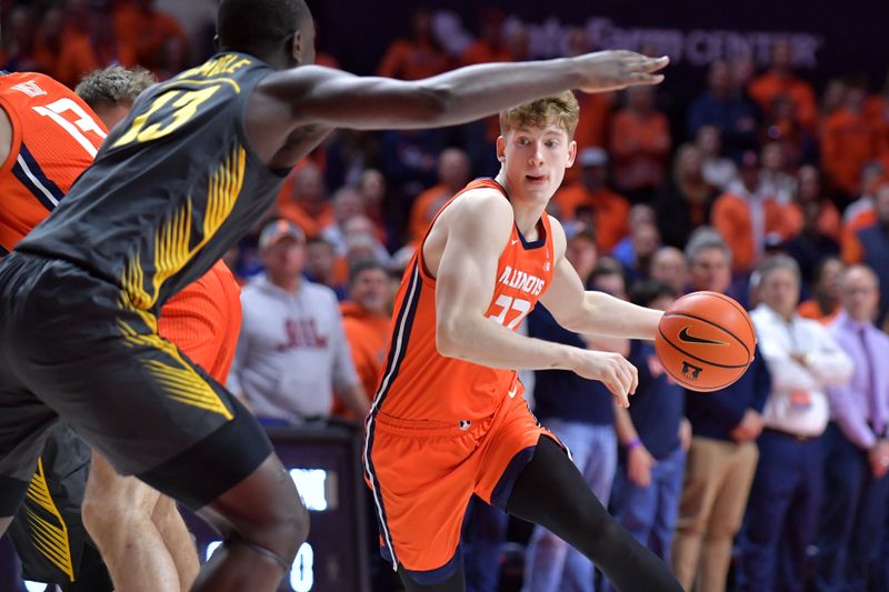 Feb 25, 2025; Champaign, Illinois, USA;  Illinois Fighting Illini guard Kasparas Jakucionis (32) drives the ball against the Iowa Hawkeyes at State Farm Center. Mandatory Credit: Ron Johnson-Imagn Images