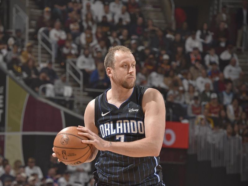 CLEVELAND, OH - APRIL 20: Joe Ingles #7 of the Orlando Magic looks to pass the ball during Round 1 Game 1 of the 2024 NBA Playoffs against the Cleveland Cavaliers on April 20, 2024 at Rocket Mortgage FieldHouse in Cleveland, Ohio. NOTE TO USER: User expressly acknowledges and agrees that, by downloading and/or using this Photograph, user is consenting to the terms and conditions of the Getty Images License Agreement. Mandatory Copyright Notice: Copyright 2024 NBAE (Photo by David Liam Kyle/NBAE via Getty Images)