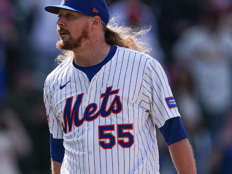 Apr 20, 2025; New York City, New York, USA; New York Mets relief pitcher Ryne Stanek (55) reacts after the final out as the Mets defeated the St. Louis Cardinals at Citi Field. Mandatory Credit: Vincent Carchietta-Imagn Images