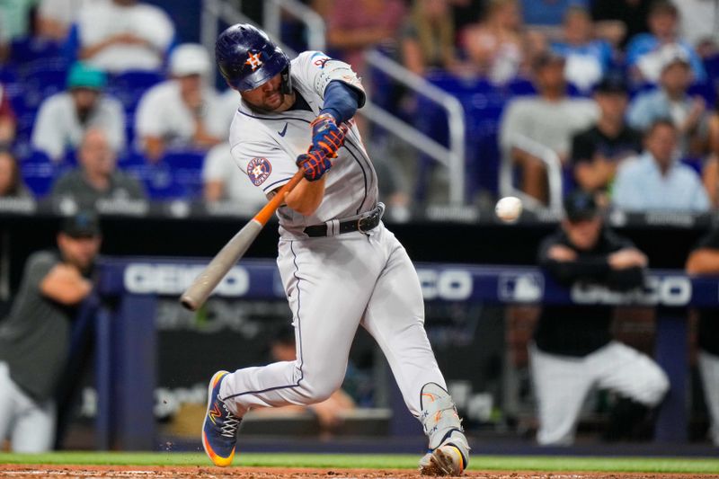 Aug 16, 2023; Miami, Florida, USA; Houston Astros center fielder Chas McCormick (20) hits a home run against the Miami Marlins during the first inning at loanDepot Park. Mandatory Credit: Rich Storry-USA TODAY Sports