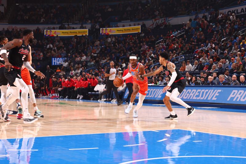 OKLAHOMA CITY, OK - JANUARY 23: Shai Gilgeous-Alexander #2 of the Oklahoma City Thunder drives to the basket during the game against the Portland Trail Blazers on January 23, 2024 at Paycom Arena in Oklahoma City, Oklahoma. NOTE TO USER: User expressly acknowledges and agrees that, by downloading and or using this photograph, User is consenting to the terms and conditions of the Getty Images License Agreement. Mandatory Copyright Notice: Copyright 2024 NBAE (Photo by Zach Beeker/NBAE via Getty Images)