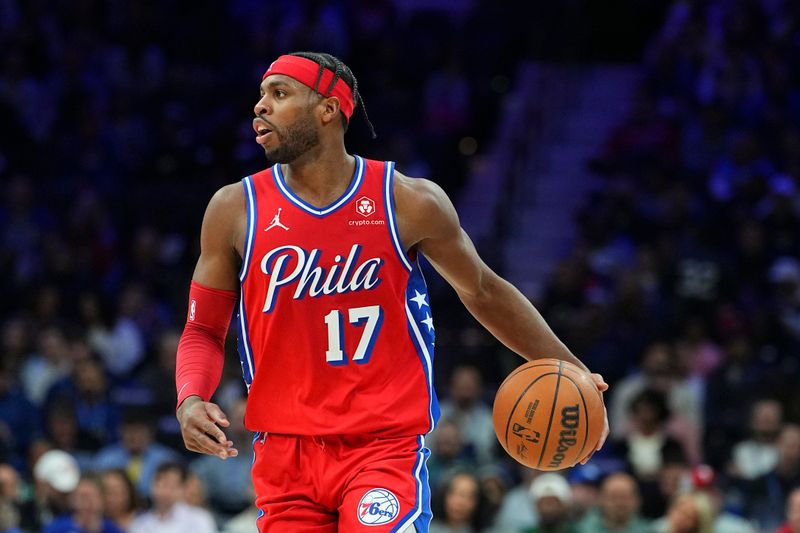 PHILADELPHIA, PENNSYLVANIA - FEBRUARY 9: Buddy Hield #17 of the Philadelphia 76ers dribbles the ball  against the Atlanta Hawks at the Wells Fargo Center on February 9, 2024 in Philadelphia, Pennsylvania. The Hawks defeated the 76ers 127-121. NOTE TO USER: User expressly acknowledges and agrees that, by downloading and or using this photograph, User is consenting to the terms and conditions of the Getty Images License Agreement. (Photo by Mitchell Leff/Getty Images)