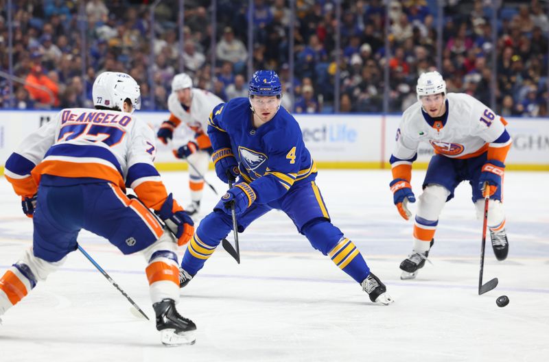 Dec 20, 2025; Buffalo, New York, USA;  New York Islanders defenseman Tony Deangelo (77) watches as Buffalo Sabres defenseman Bowen Byram (4) makes a pass during the second period at KeyBank Center. Mandatory Credit: Timothy T. Ludwig-Imagn Images