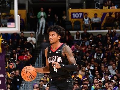 LOS ANGELES, CA - DECEMBER 2:  Jalen Green #4 of the Houston Rockets handles the ball during the game  on December 2, 2023 at Crypto.Com Arena in Los Angeles, California. NOTE TO USER: User expressly acknowledges and agrees that, by downloading and/or using this Photograph, user is consenting to the terms and conditions of the Getty Images License Agreement. Mandatory Copyright Notice: Copyright 2023 NBAE (Photo by Adam Pantozzi/NBAE via Getty Images)