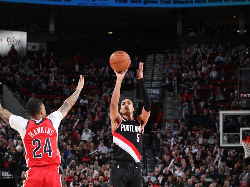 PORTLAND, OR - FEBRUARY 10: Dalano Banton #5 of the Portland Trail Blazers shoots the ball during the game against the New Orleans Pelicans on February 10, 2024 at the Moda Center Arena in Portland, Oregon. NOTE TO USER: User expressly acknowledges and agrees that, by downloading and or using this photograph, user is consenting to the terms and conditions of the Getty Images License Agreement. Mandatory Copyright Notice: Copyright 2024 NBAE (Photo by Cameron Browne/NBAE via Getty Images)