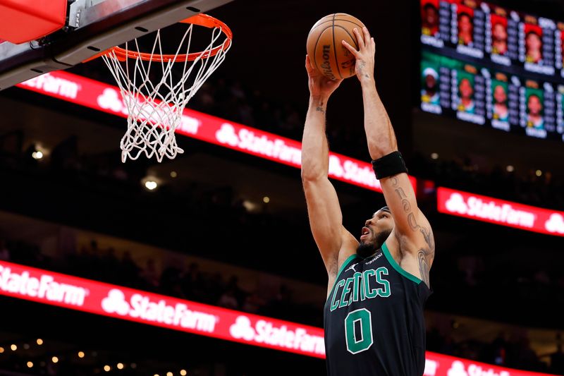 ATLANTA, GEORGIA - NOVEMBER 4: Jayson Tatum #0 of the Boston Celtics goes up for a shot during the first quarter against the Atlanta Hawks at State Farm Arena on November 4, 2024 in Atlanta, Georgia. NOTE TO USER: User expressly acknowledges and agrees that, by downloading and or using this photograph, User is consenting to the terms and conditions of the Getty Images License Agreement. (Photo by Todd Kirkland/Getty Images)