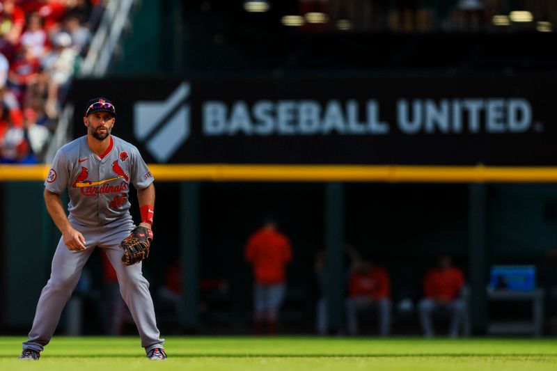 May 27, 2024; Cincinnati, Ohio, USA; St. Louis Cardinals first baseman Paul Goldschmidt (46) prepares for the pitch in the sixth inning against the Cincinnati Reds at Great American Ball Park. Mandatory Credit: Katie Stratman-USA TODAY Sports