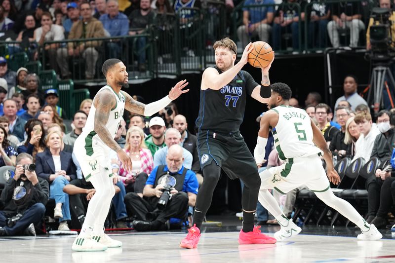 DALLAS, TX - FEBRUARY 3: Luka Doncic #77 of the Dallas Mavericks handles the ball during the game against the Milwaukee Bucks on February 3, 2024 at the American Airlines Center in Dallas, Texas. NOTE TO USER: User expressly acknowledges and agrees that, by downloading and or using this photograph, User is consenting to the terms and conditions of the Getty Images License Agreement. Mandatory Copyright Notice: Copyright 2024 NBAE (Photo by Glenn James/NBAE via Getty Images)