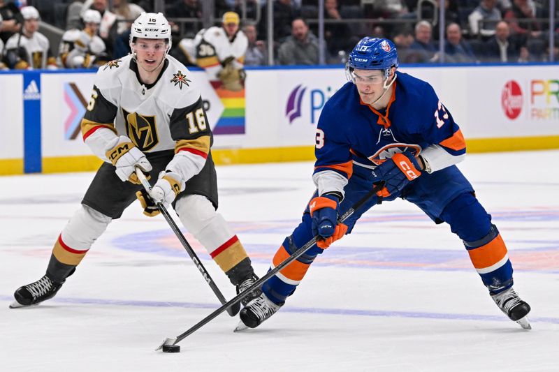 Jan 23, 2024; Elmont, New York, USA;  New York Islanders center Mathew Barzal (13) skates into the zone chased by Vegas Golden Knights left wing Pavel Dorofeyev (16) during the second period at UBS Arena. Mandatory Credit: Dennis Schneidler-USA TODAY Sports