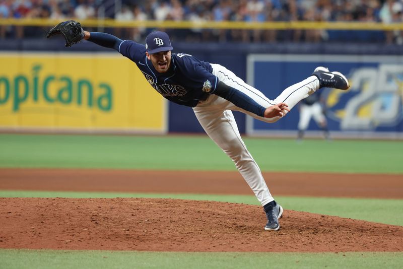 May 27, 2023; St. Petersburg, Florida, USA; Tampa Bay Rays relief pitcher Colin Poche (38) throws a pitch during the seventh inning against the Los Angeles Dodgers  at Tropicana Field. Mandatory Credit: Kim Klement-USA TODAY Sports