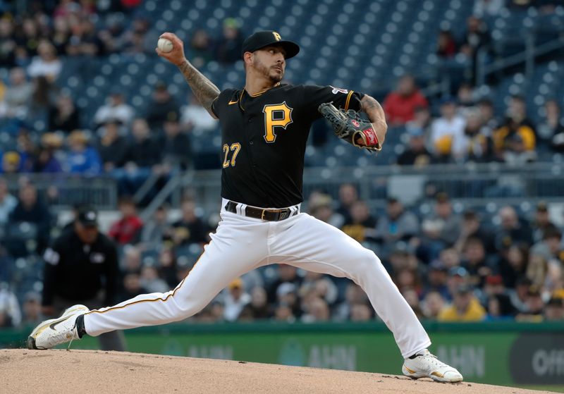 Apr 8, 2023; Pittsburgh, Pennsylvania, USA;  Pittsburgh Pirates starting pitcher Vince Velasquez (27) delivers a pitch against the Chicago White Sox during the first inning at PNC Park. Mandatory Credit: Charles LeClaire-USA TODAY Sports