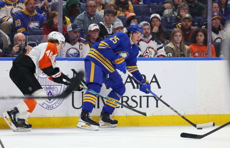 Jan 14, 2026; Buffalo, New York, USA;  Buffalo Sabres defenseman Owen Power (25) looks to make a pass as Philadelphia Flyers center Trevor Zegras (46) defends during the second period at KeyBank Center. Mandatory Credit: Timothy T. Ludwig-Imagn Images
