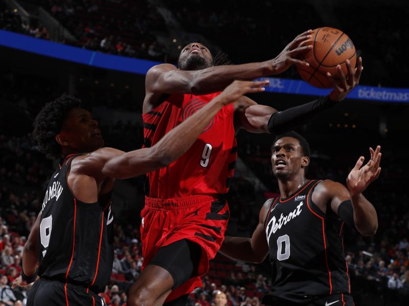 PORTLAND, OR - FEBRUARY 8: Jerami Grant #9 of the Portland Trail Blazers drives to the basket during the game against the Detroit Pistons on February 8, 2024 at the Moda Center Arena in Portland, Oregon. NOTE TO USER: User expressly acknowledges and agrees that, by downloading and or using this photograph, user is consenting to the terms and conditions of the Getty Images License Agreement. Mandatory Copyright Notice: Copyright 2024 NBAE (Photo by Cameron Browne/NBAE via Getty Images)