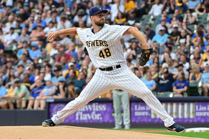 Sep 2, 2023; Milwaukee, Wisconsin, USA; Milwaukee Brewers pitcher Colin Rea (48) pitches against the Philadelphia Phillies in the first inning at American Family Field. Mandatory Credit: Benny Sieu-USA TODAY Sports