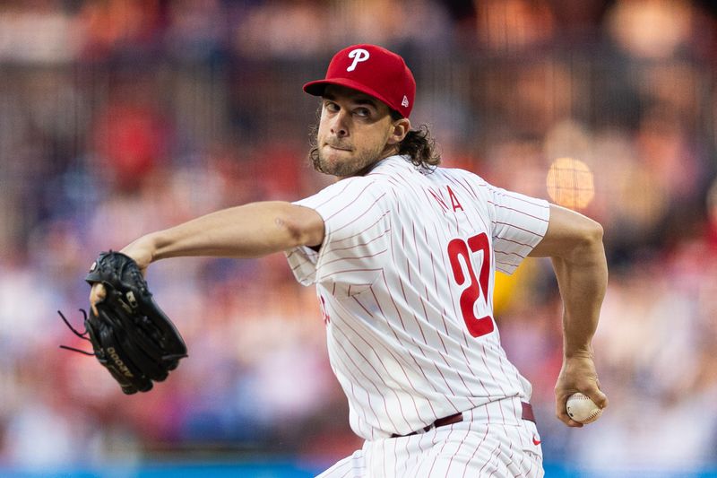 Jun 18, 2024; Philadelphia, Pennsylvania, USA; Philadelphia Phillies pitcher Aaron Nola (27) throws a pitch during the fifth inning against the San Diego Padres at Citizens Bank Park. Mandatory Credit: Bill Streicher-USA TODAY Sports