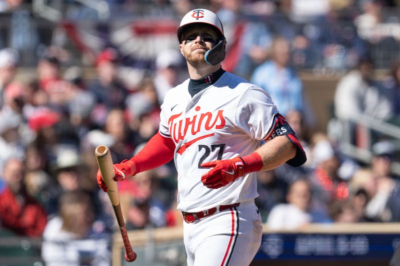 Apr 6, 2024; Minneapolis, Minnesota, USA; Minnesota Twins catcher Ryan Jeffers (27) strikes out by Cleveland Guardians pitcher Hunter Gaddis (33) in the sixth inning at Target Field. Mandatory Credit: Matt Blewett-USA TODAY Sports