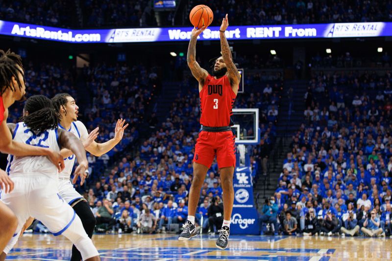 Nov 11, 2022; Lexington, Kentucky, USA; Duquesne Dukes guard Dae Dae Grant (3) shoots the ball during the first half against the Kentucky Wildcats at Rupp Arena at Central Bank Center. Mandatory Credit: Jordan Prather-USA TODAY Sports