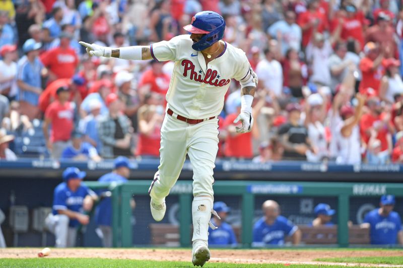 Aug 6, 2023; Philadelphia, Pennsylvania, USA; Philadelphia Phillies right fielder Nick Castellanos (8) points to the dugout after hitting a two-run home run against the Kansas City Royals during the fifth inning at Citizens Bank Park. Mandatory Credit: Eric Hartline-USA TODAY Sports