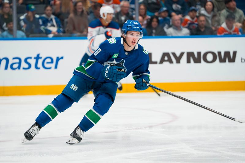 Oct 3, 2025; Vancouver, British Columbia, CAN; Vancouver Canucks forward Braeden Cootes (80) skates against the Edmonton Oilers in the third period at Rogers Arena. Mandatory Credit: Bob Frid-Imagn Images