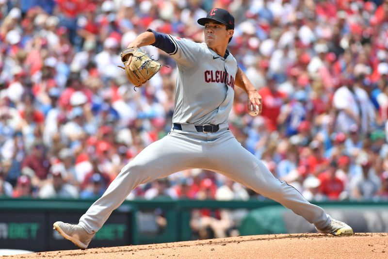 Jul 28, 2024; Philadelphia, Pennsylvania, USA; Cleveland Guardians starting pitcher Joey Cantillo (54) throws a pitch against the Philadelphia Phillies during the first inning at Citizens Bank Park. Mandatory Credit: Eric Hartline-USA TODAY Sports