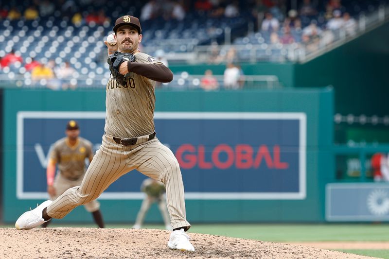Jul 25, 2024; Washington, District of Columbia, USA; San Diego Padres starting pitcher Dylan Cease (84) pitches against the Washington Nationals during the eighth inning at Nationals Park. Mandatory Credit: Geoff Burke-USA TODAY Sports