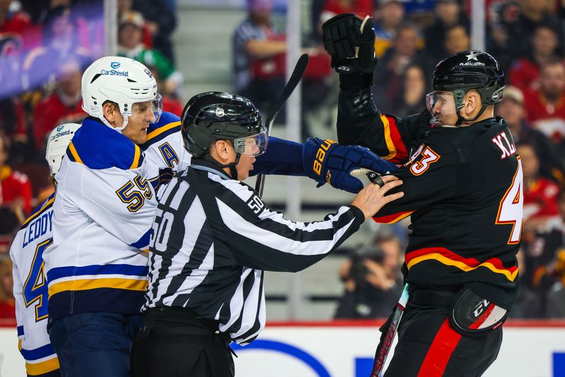 Jan 23, 2024; Calgary, Alberta, CAN; St. Louis Blues defenseman Colton Parayko (55) and Calgary Flames right wing Adam Klapka (43) gets into a scrum during the second period at Scotiabank Saddledome. Mandatory Credit: Sergei Belski-USA TODAY Sports