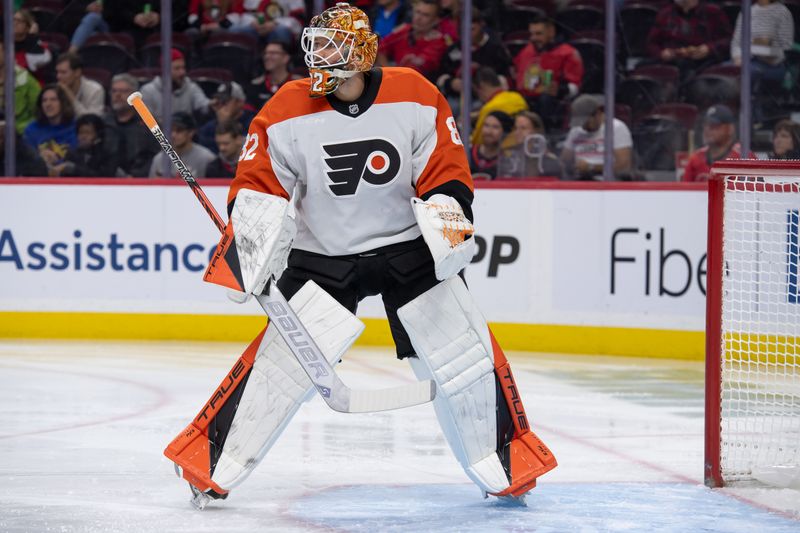 Nov 14, 2024; Ottawa, Ontario, CAN; Philadelphia Flyers goalie Ivan Fedotov (82) warms up prior to the start of games against the Ottawa Senators at the Canadian Tire Centre. Mandatory Credit: Marc DesRosiers-Imagn Images