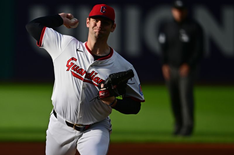 Apr 21, 2025; Cleveland, Ohio, USA; Cleveland Guardians starting pitcher Gavin Williams (32)throws a pitch during the first inning against the New York Yankees at Progressive Field. Mandatory Credit: David Dermer-Imagn Images