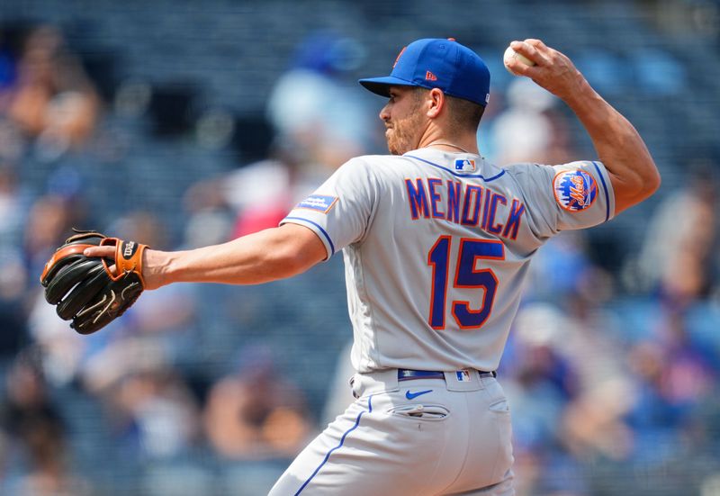 Aug 3, 2023; Kansas City, Missouri, USA; New York Mets shortstop Danny Mendick (15) pitches during the eighth inning against the Kansas City Royals at Kauffman Stadium. Mandatory Credit: Jay Biggerstaff-USA TODAY Sports