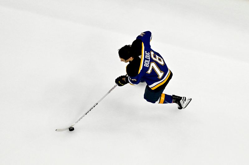 Feb 22, 2024; St. Louis, Missouri, USA;  St. Louis Blues center Zachary Bolduc (76) skates during his rookie lap before a game against the New York Islanders at Enterprise Center. Mandatory Credit: Jeff Curry-USA TODAY Sports