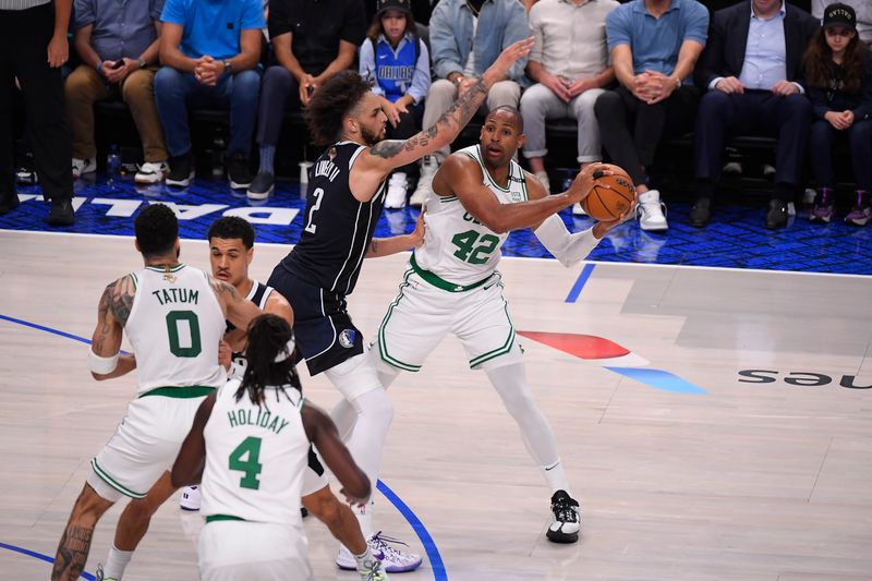 DALLAS, TX - JUNE 14: Al Horford #42 of the Boston Celtics passes the ball during the game against the Dallas Mavericks during Game 4 of the 2024 NBA Finals on June 14, 2024 at the American Airlines Center in Dallas, Texas. NOTE TO USER: User expressly acknowledges and agrees that, by downloading and or using this photograph, User is consenting to the terms and conditions of the Getty Images License Agreement. Mandatory Copyright Notice: Copyright 2024 NBAE (Photo by Brian Babineau/NBAE via Getty Images)