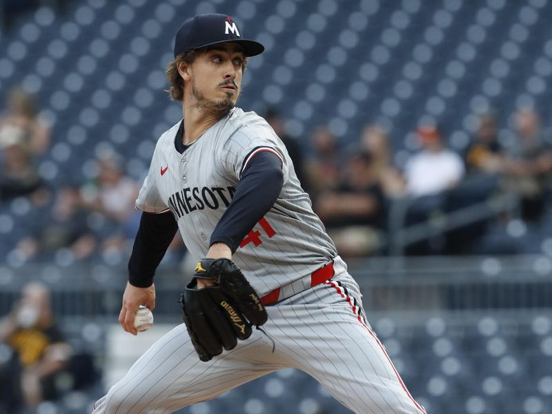 Jun 7, 2024; Pittsburgh, Pennsylvania, USA;  Minnesota Twins starting pitcher Joe Ryan (41) delivers a pitch against the Pittsburgh Pirates during the first inning at PNC Park. Mandatory Credit: Charles LeClaire-USA TODAY Sports