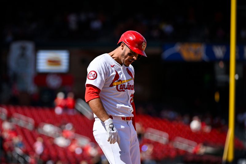 Aug 22, 2024; St. Louis, Missouri, USA;  St. Louis Cardinals third baseman Nolan Arenado (28) reacts after hitting a one run single against the Milwaukee Brewers during the seventh inning at Busch Stadium. Mandatory Credit: Jeff Curry-USA TODAY Sports