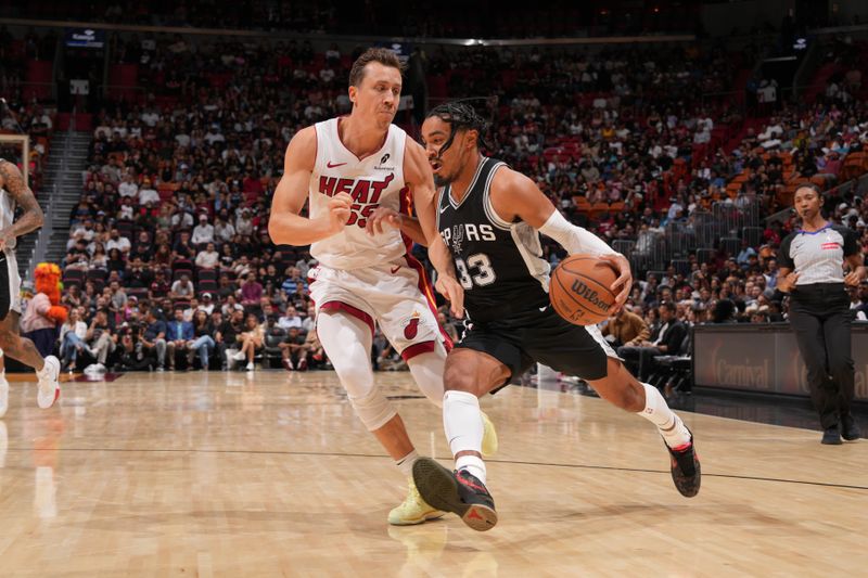 MIAMI, FL - OCTOBER 15: Tre Jones #33 of the San Antonio Spurs dribbles the ball during the game against the Miami Heat during a NBA preseason game on October 15, 2024 at Kaseya Center in Miami, Florida. NOTE TO USER: User expressly acknowledges and agrees that, by downloading and or using this Photograph, user is consenting to the terms and conditions of the Getty Images License Agreement. Mandatory Copyright Notice: Copyright 2024 NBAE (Photo by Jesse D. Garrabrant/NBAE via Getty Images)