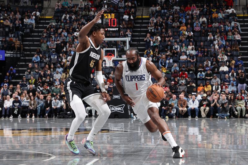 MEMPHIS, TN - FEBRUARY 23: James Harden #1 of the LA Clippers dribbles the ball during the game against the Memphis Grizzlies on February 23, 2024 at FedExForum in Memphis, Tennessee. NOTE TO USER: User expressly acknowledges and agrees that, by downloading and or using this photograph, User is consenting to the terms and conditions of the Getty Images License Agreement. Mandatory Copyright Notice: Copyright 2024 NBAE (Photo by Joe Murphy/NBAE via Getty Images)