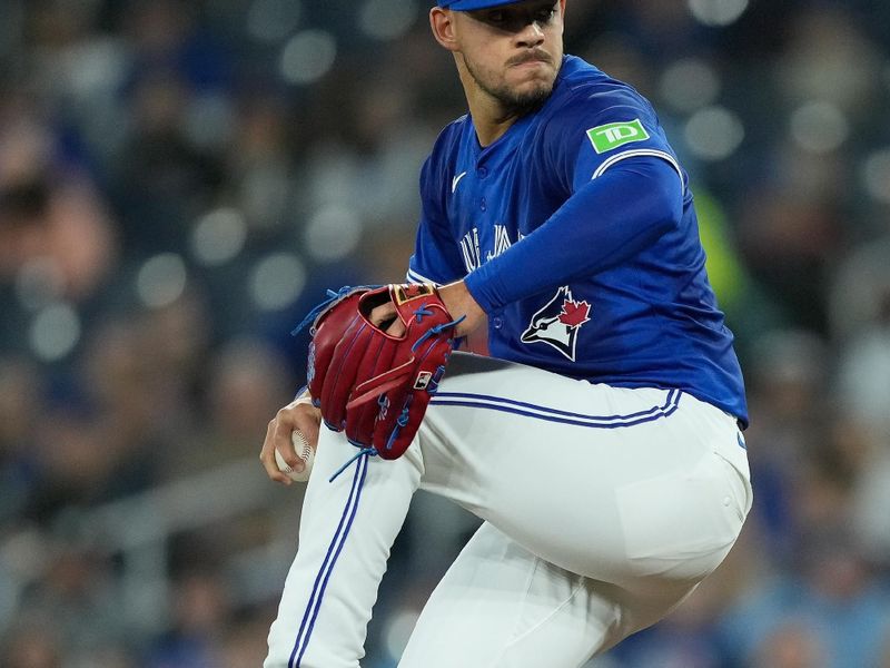 Apr 14, 2024; Toronto, Ontario, CAN; Toronto Blue Jays pitcher José Berríos (17) pitches to the Colorado Rockies during the first inning at Rogers Centre. Mandatory Credit: John E. Sokolowski-USA TODAY Sports