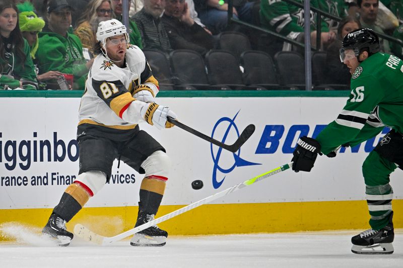 Apr 22, 2024; Dallas, Texas, USA; Vegas Golden Knights right wing Jonathan Marchessault (81) passes the puck past Dallas Stars center Joe Pavelski (16) during the third period in game one of the first round of the 2024 Stanley Cup Playoffs at the American Airlines Center. Mandatory Credit: Jerome Miron-USA TODAY Sports