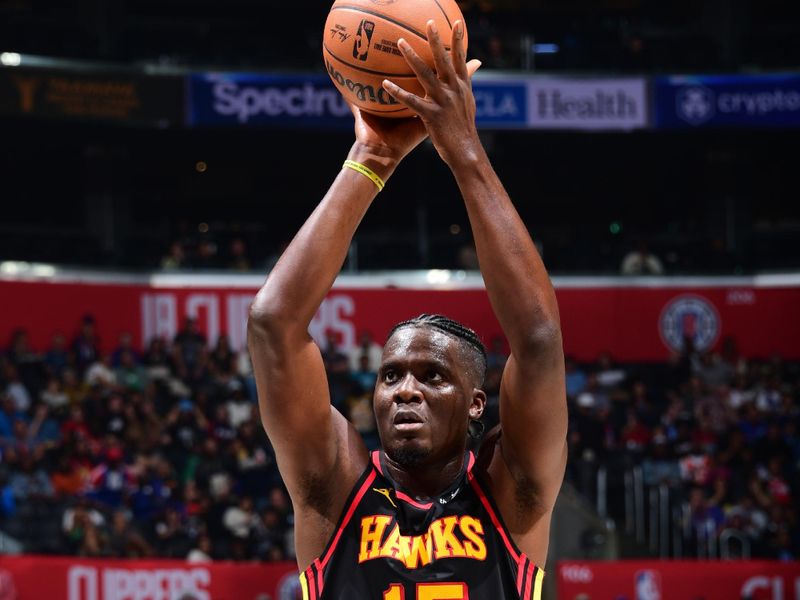 LOS ANGELES, CA - MARCH 17: Clint Capela #15 of the Atlanta Hawks shoots a free throw during the game against the LA Clippers on March 17, 2024 at Crypto.Com Arena in Los Angeles, California. NOTE TO USER: User expressly acknowledges and agrees that, by downloading and/or using this Photograph, user is consenting to the terms and conditions of the Getty Images License Agreement. Mandatory Copyright Notice: Copyright 2024 NBAE (Photo by Adam Pantozzi/NBAE via Getty Images)