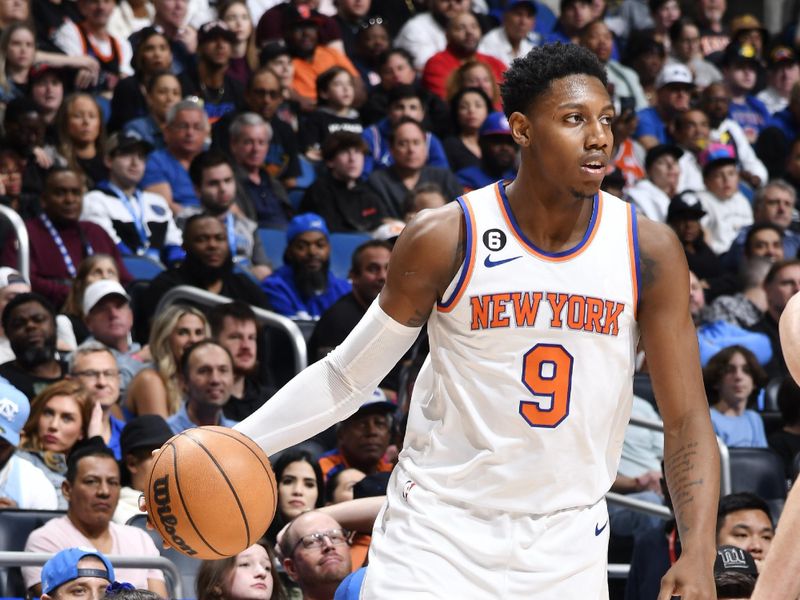 ORLANDO, FL -FEBRUARY 7: RJ Barrett #9 of the New York Knicks dribbles the ball during the game against the Orlando Magic on February 7, 2023 at Amway Center in Orlando, Florida. NOTE TO USER: User expressly acknowledges and agrees that, by downloading and or using this photograph, User is consenting to the terms and conditions of the Getty Images License Agreement. Mandatory Copyright Notice: Copyright 2022 NBAE (Photo by Fernando Medina/NBAE via Getty Images)