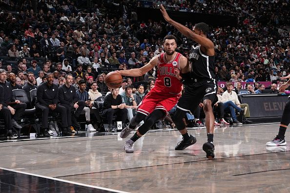 BROOKLYN, NY - NOVEMBER 26: Zach LaVine #8 of the Chicago Bulls drives to the basket during the game against the Brooklyn Nets on November 26, 2023 at Barclays Center in Brooklyn, New York. NOTE TO USER: User expressly acknowledges and agrees that, by downloading and or using this Photograph, user is consenting to the terms and conditions of the Getty Images License Agreement. Mandatory Copyright Notice: Copyright 2023 NBAE (Photo by Jesse D. Garrabrant/NBAE via Getty Images)