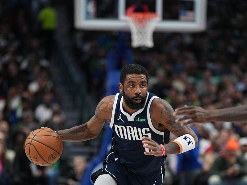 DALLAS, TX - JANUARY 22: Kyrie Irving #11 of the Dallas Mavericks drives to the basket during the game against the Boston Celtics on January 22, 2024 at the American Airlines Center in Dallas, Texas. NOTE TO USER: User expressly acknowledges and agrees that, by downloading and or using this photograph, User is consenting to the terms and conditions of the Getty Images License Agreement. Mandatory Copyright Notice: Copyright 2024 NBAE (Photo by Glenn James/NBAE via Getty Images)